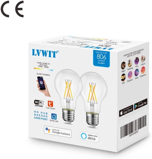 Lvwit Bombillas Inteligente LED A60 Filamento WiFi Regulable 6.5W 806 LM, Lámpara E27 Bombilla Funciona con Alexa, Google Home Assistant y App Smart Life Tuya,Equivalente a 60W, 2 Pcs. Reacondicionado For Sale